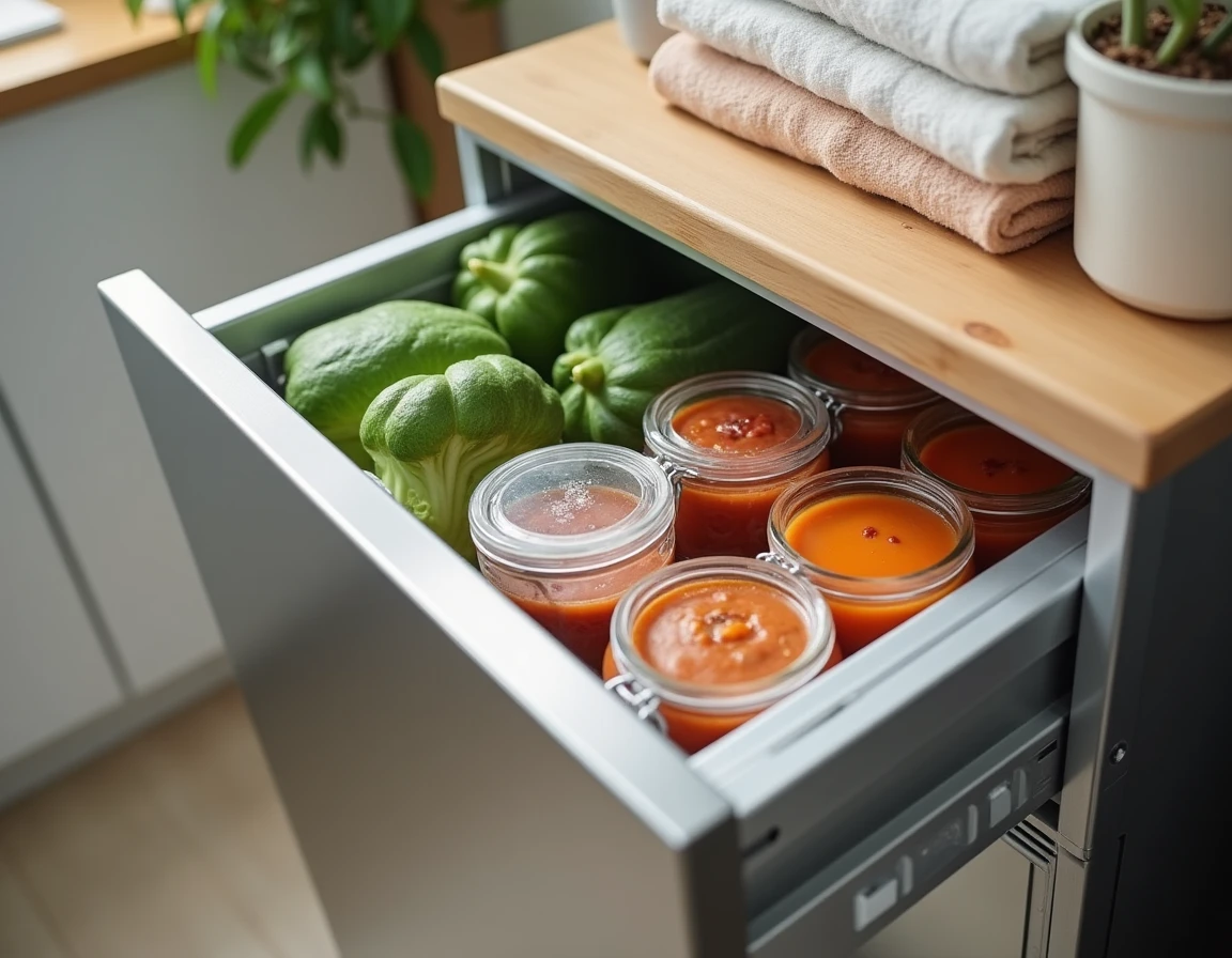 Gros plan sur un tiroir de congélateur bien organisé avec légumes surgelés, soupes et viandes portionnées