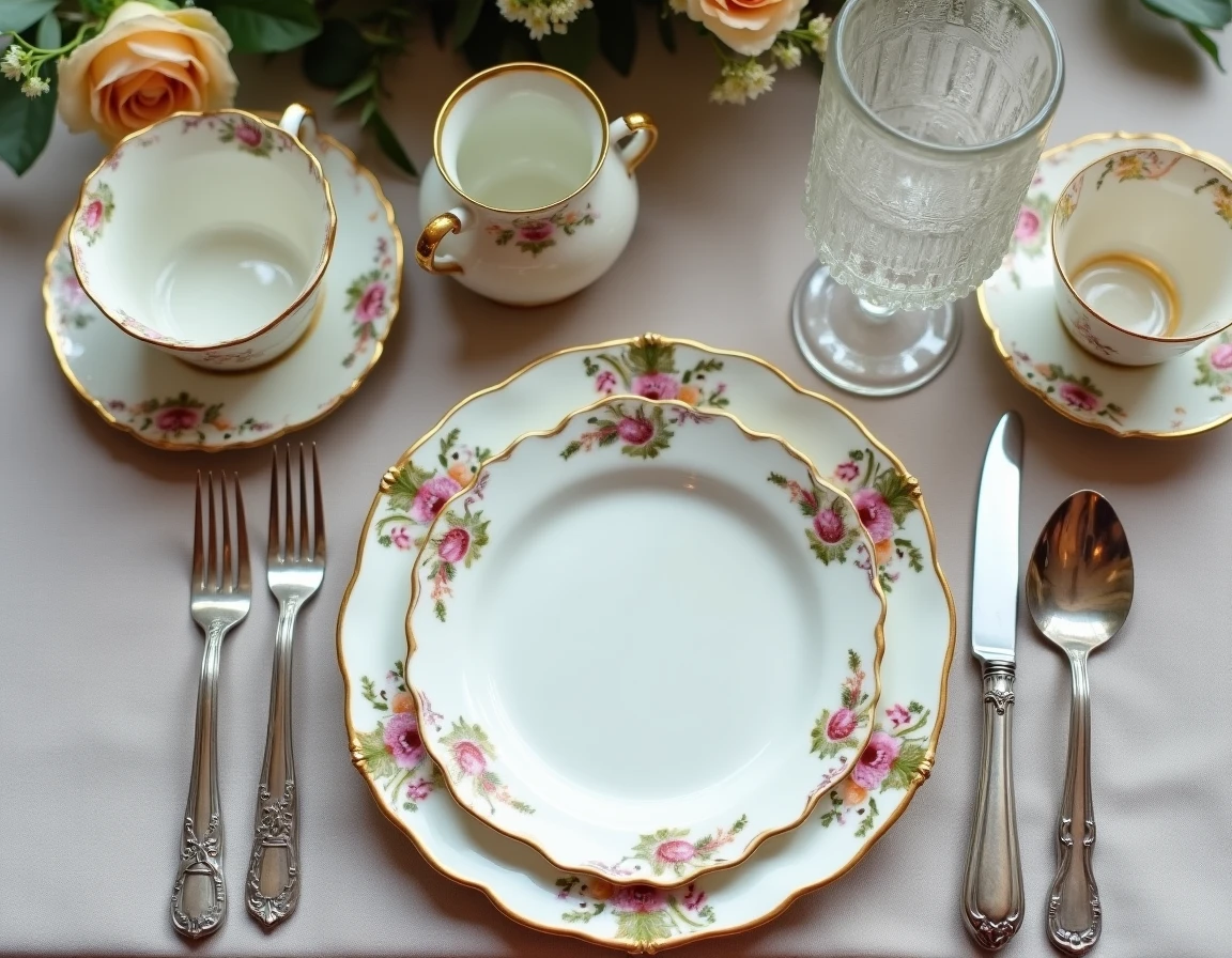 Collection de vaisselle ancienne dépareillée en location disposée sur une table de mariage, avec assiettes à motifs floraux, tasses dorées et verres en cristal d'époque