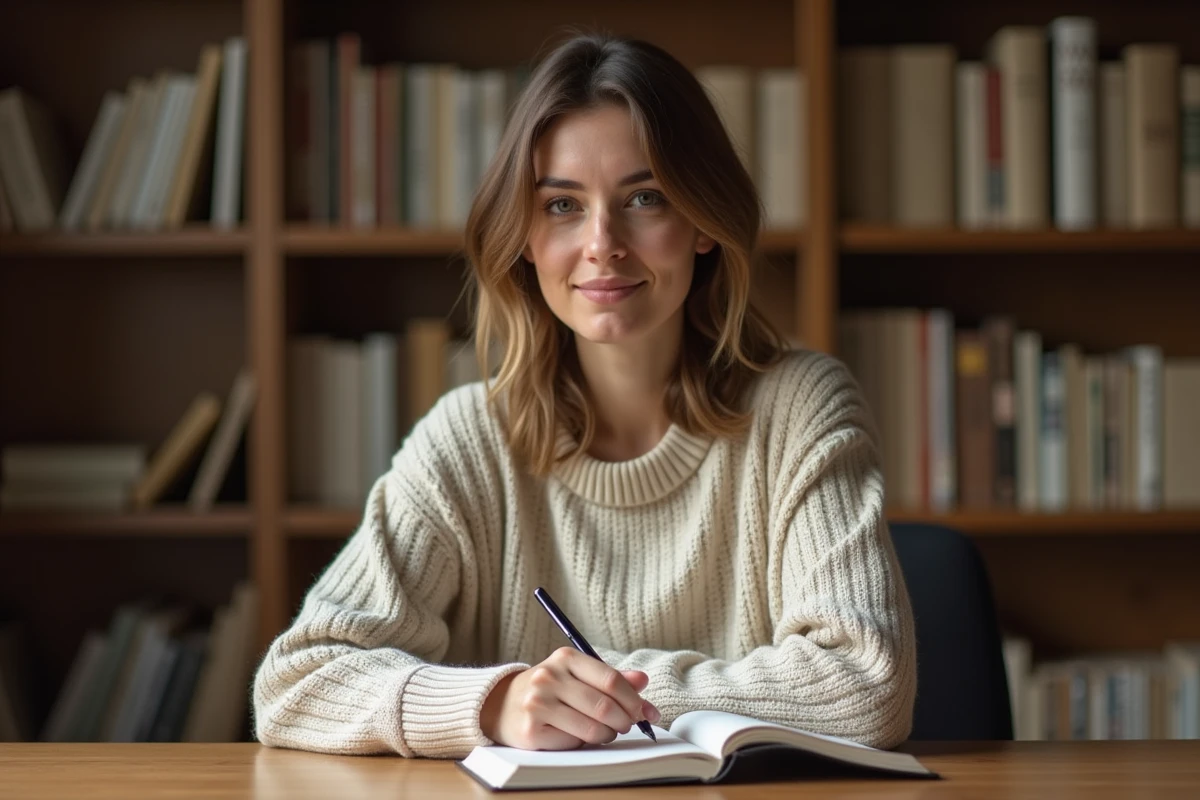 Femme personnalité française assise dans une bibliothèque personnelle écrivant dans un carnet, atmosphère intime et privée