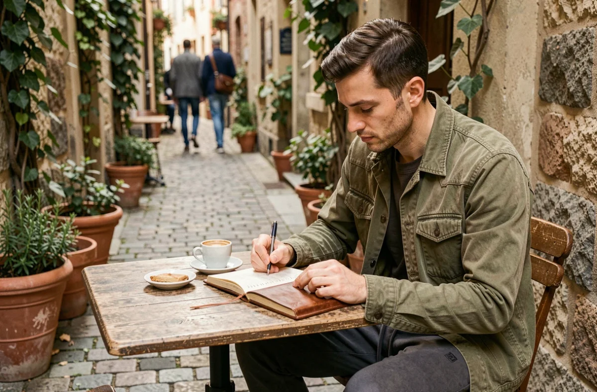 Voyageur solo écrivant dans un journal de voyage dans une ruelle pittoresque européenne, évoquant une aventure authentique à son rythme